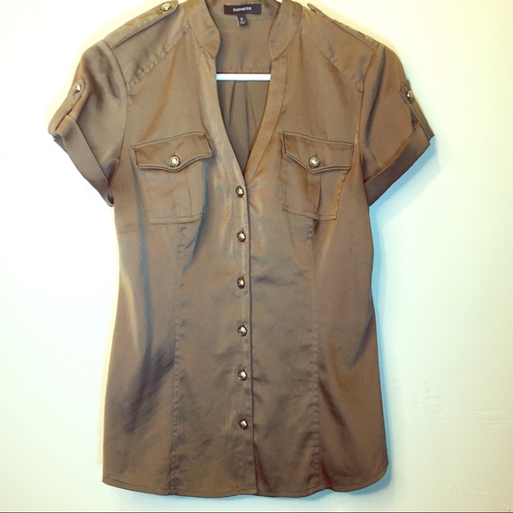 2/$20 Express Silky Brown Military Blouse - Picture 1 of 10